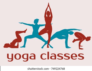 Group of vector shapes of girls practicing yoga in different poses. Design of yoga silhouettes for advertising yoga classes and studios.