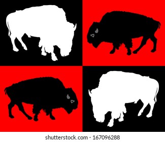 Group vector silhouette of the buffalo isolated on red and black background. Set of buffalo illustration.