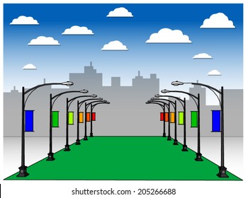 Group of vector streetlights against blue sky with clouds and cityscape silhouette