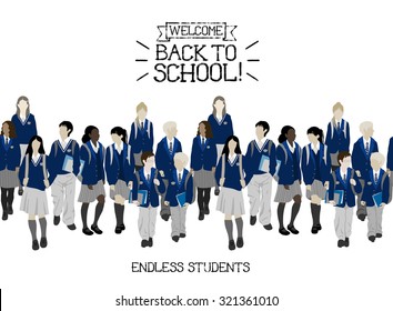 Group Of Vector Students From High And Elementary School. Boys And Girls Going To School. Seamless Border. Each Character Can Be Separated From Other (need To Ungroup). Easy To Change Color