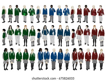 Group of vector students from high and elementary school. Boys and girls in uniform of different colors go to school