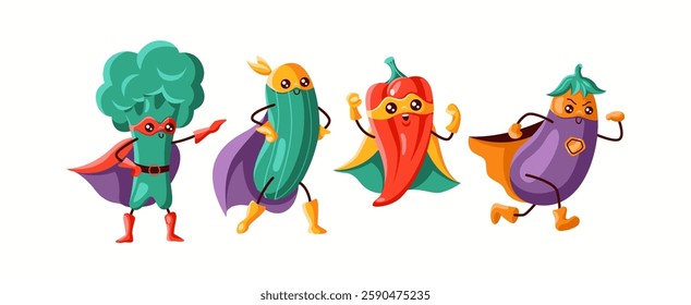 A group of vegetable superheroes including broccoli, cucumber, bell pepper, and eggplant, each in colorful masks and capes. A fun and dynamic illustration symbolizing strength and health.