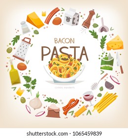 Group of vegetables, dairy products and pasta ingredients arranged in circle border around pasta with peas and bacon dish in plate. Vector illustration