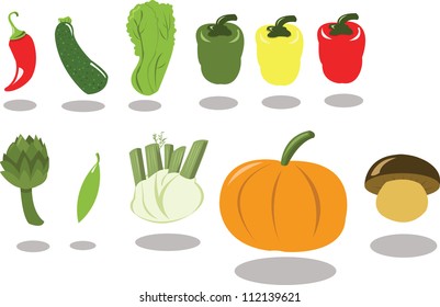 A group of vegetables, every object is singly grouped