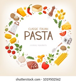 Group of vegetables and pasta ingredients aranged in circle border. Vector illustration