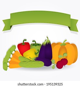 Group of vegetables with a ribbon with copy space. The vegetables are cucumber, carrots, peppers, beets, pumpkin, eggplant. Group of vegetables with a ribbon.