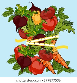 Group of vegetables tied up with measuring tape. Vector