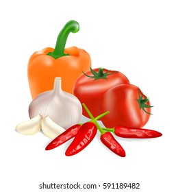 Group Vegetables Tomatoes, Chili, Garlic and Bell Pepper isolated on white background, vector illustration.