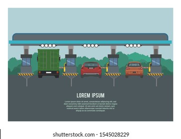Group of vehicle entering highway gate. Forest silhouette background. Simple Illustration.