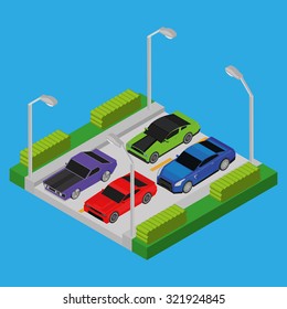 Group of vehicles on a road on a blue background, isometric