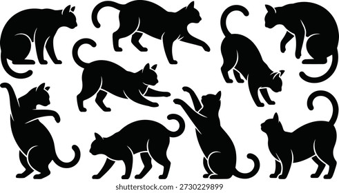 Un grupo de versátiles siluetas de gato negro en varias posiciones, desde descansar hasta activo, perfecto para proyectos de temática animal.
