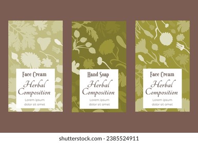 Group of vertical banners for herbal cosmetics, perfumes, or other products. Banners are randomly filled with plant parts. Pastel-colored vertical labels with delicate herbal plant parts.