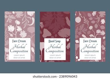 Group of vertical banners for herbal cosmetics, perfumes, or other products. Banners are randomly filled with plant parts. Pastel-colored vertical labels with delicate herbal plant parts.