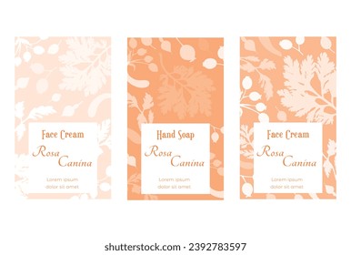 Group of vertical banners for herbal cosmetics, perfumes, or other products. Banners are randomly filled with plant parts. Pastel-colored vertical labels with delicate herbal plant parts.