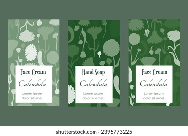 Group of vertical banners for herbal cosmetics, perfumes, or other products. Banners are randomly filled with plant parts. Pastel-colored vertical labels with delicate herbal plant parts.