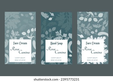 Group of vertical banners for herbal cosmetics, perfumes, or other products. Banners are randomly filled with plant parts. Pastel-colored vertical labels with delicate herbal plant parts.