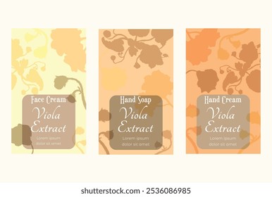 Group of vertical banners for herbal cosmetics, perfumes, or other products. Banners are randomly filled with African violet plant parts. Multi-colored vertical labels with delicate violet plant.