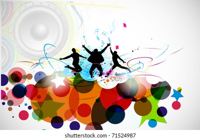 A group of very happy people isolated on white music background.