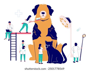 Group of vet dentist brushing teeth of dog with toothbrush