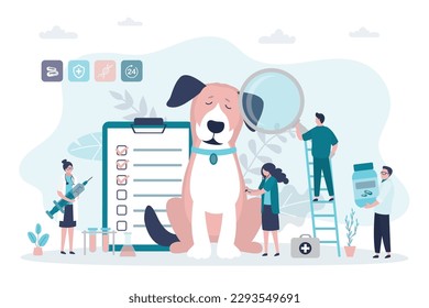 Group of veterinarians with big dog. Veterinary hospital services, health check center. Vet clinic pet services. Pills and drugs for pets. Medical appointment in veterinary clinic. vector illustration