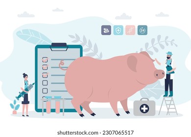 Group of veterinarians with pig. Veterinary services, health check center. Vet clinic services. Medical checkup for farm animals. Agriculture industry. Medical appointment in veterinary clinic. vector