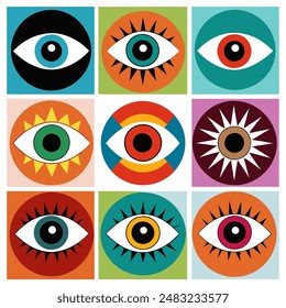 A group of vibrant eyes arranged in circles against a white backdrop