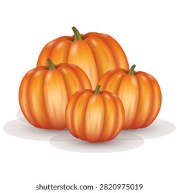 Group of Vibrant Orange Pumpkins Illustration, Autumn Harvest Concept with Realistic 3D Style and Clean White Background for Seasonal Holiday Design Projects