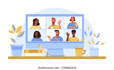 Group video call concept with computer screen, diverse people avatars, home workplace. Virtual meeting and corporate teamwork concept with young freelancers’ faces. Flat video call vector banner