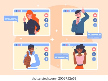 Group video call concept. Men and women communicate with each other via video link. Monitor screens with people. Dialogue at a distance. Cartoon flat vector illustration on a pink background