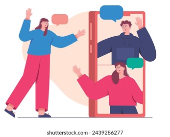 Group video call with friends on their cell phones from home. Character design. Vector flat illustration