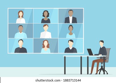 Group Video Call On Wall Screen. Remote Teamwork. Vector Illustration.