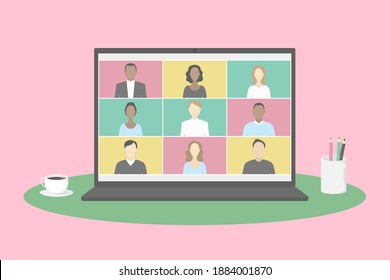 Group video chat app on laptop. Teleworking. Vector illustration.