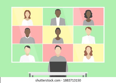Gruppen-Video-Chat auf dem Bildschirm. Telearbeit. Vektorgrafik.