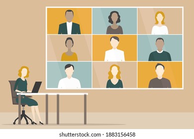 Videoconferencia grupal. Trabajo a distancia. Ilustración vectorial.