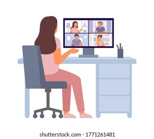 Group video conference. Woman back view having video call online meeting, chat at home. People on computer screen taking with colleague. Workspace, remote work, collective virtual meeting. Vector flat