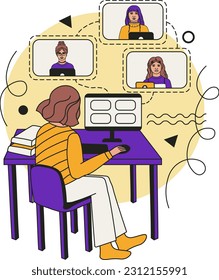 Group video conference. Work on distance. Online communication.