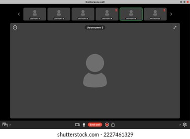 Group videocall, live webinar app interface. Remote meeting app window, interface frame or group videocall program vector layout. Team video conference application display