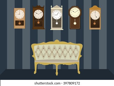 Group of vintage clocks with luxury armchair,Vector illustrations