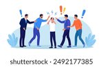 Group of violent people bullying and accusing coworker. Employees point fingers and laugh. Toxic work, abuse, bullying colleagues. Exhausted depressed employee. Angry furious characters yelling at man