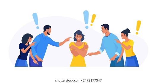 Group of violent people bullying, accusing coworker. Employees point fingers and laugh. Toxic work, abuse, bullying colleagues. Exhausted depressed employee. Angry furious characters yelling at woman