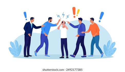 Group of violent people bullying and accusing coworker. Employees point fingers and laugh. Toxic work, abuse, bullying colleagues. Exhausted depressed employee. Angry furious characters yelling at man