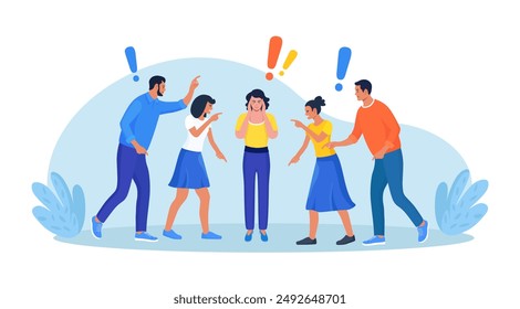 Group of violent people bullying, accusing coworker. Employees point fingers and laugh. Toxic work, abuse, bullying colleagues. Exhausted depressed employee. Angry furious characters yelling at woman