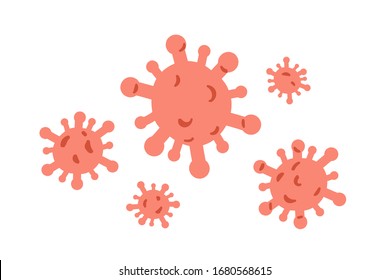 Grupo de virions isolados no fundo branco. Pequenos agentes infecciosos. Patógeno viral. Microrganismo viral. Bactérias infecciosas por coronavírus. Ilustração vetorial em estilo cartoon plano