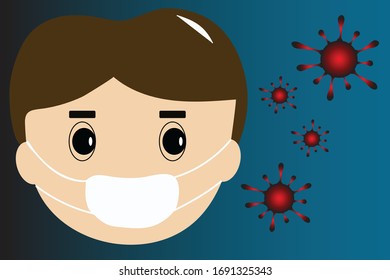 Group of viruses and face of man waring medical face mask on gradient background