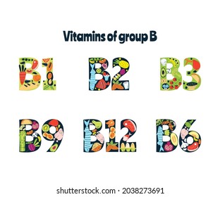 Group of vitamins B. Main food sources, food. Vector illustration in a hand-drawn style. Healthy food concept.