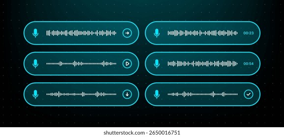 Group of voice message equalizers with neon blue waveforms, representing audio communication and sound data.