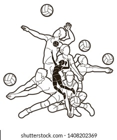 Group of volleyball players action cartoon graphic vector