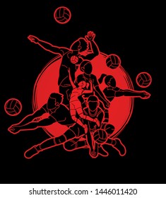 Group of Volleyball players action cartoon graphic vector.