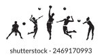 Group of volleyball players, men and women playing volleyball, set of isolated vector silhouettes