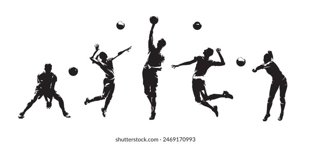 Group of volleyball players, men and women playing volleyball, set of isolated vector silhouettes